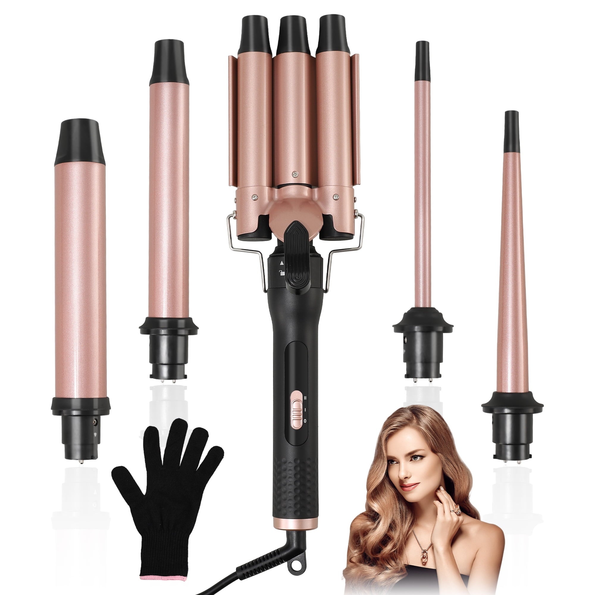 SUGIFT Curling Iron Set 5 in 1 Curling Wand Set Interchangeable Ceramic Barrels and Heat Resistant Glove Rose Gold