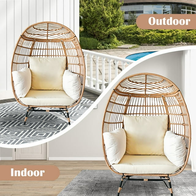 SUGIFT Egg Chair Outdoor Egg Lounge Chair with Cushion Wicker Chair PE Rattan Chair for Patio, Garden, Backyard, 450lb Capacity - Beige