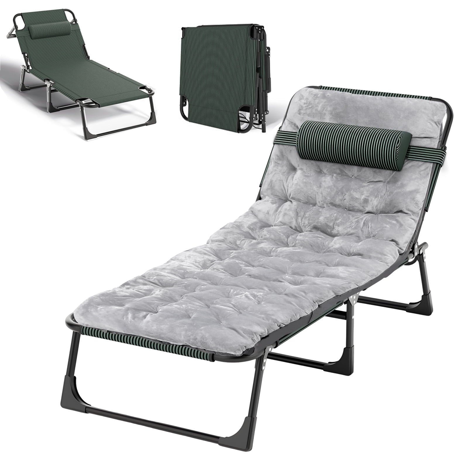 SUGIFT Folding Camping Cot Bed W/Mat for Adults, Adjustable 4 Position Heavy Duty Outdoor Lounge Chair for Camping, Pool, Beach, Patio