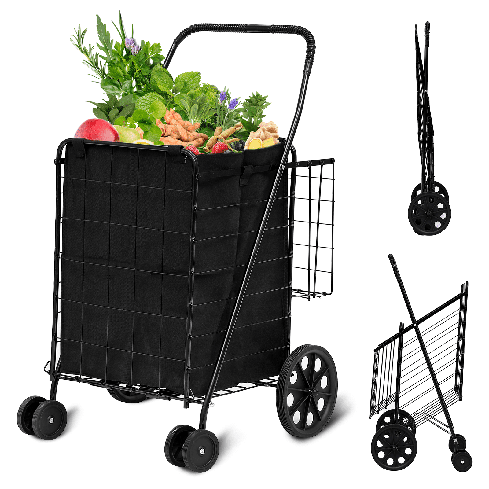 SUGIFT Folding Shopping Cart with Swivel Wheels Jumbo Basket for Grocery Laundry Travel, Black