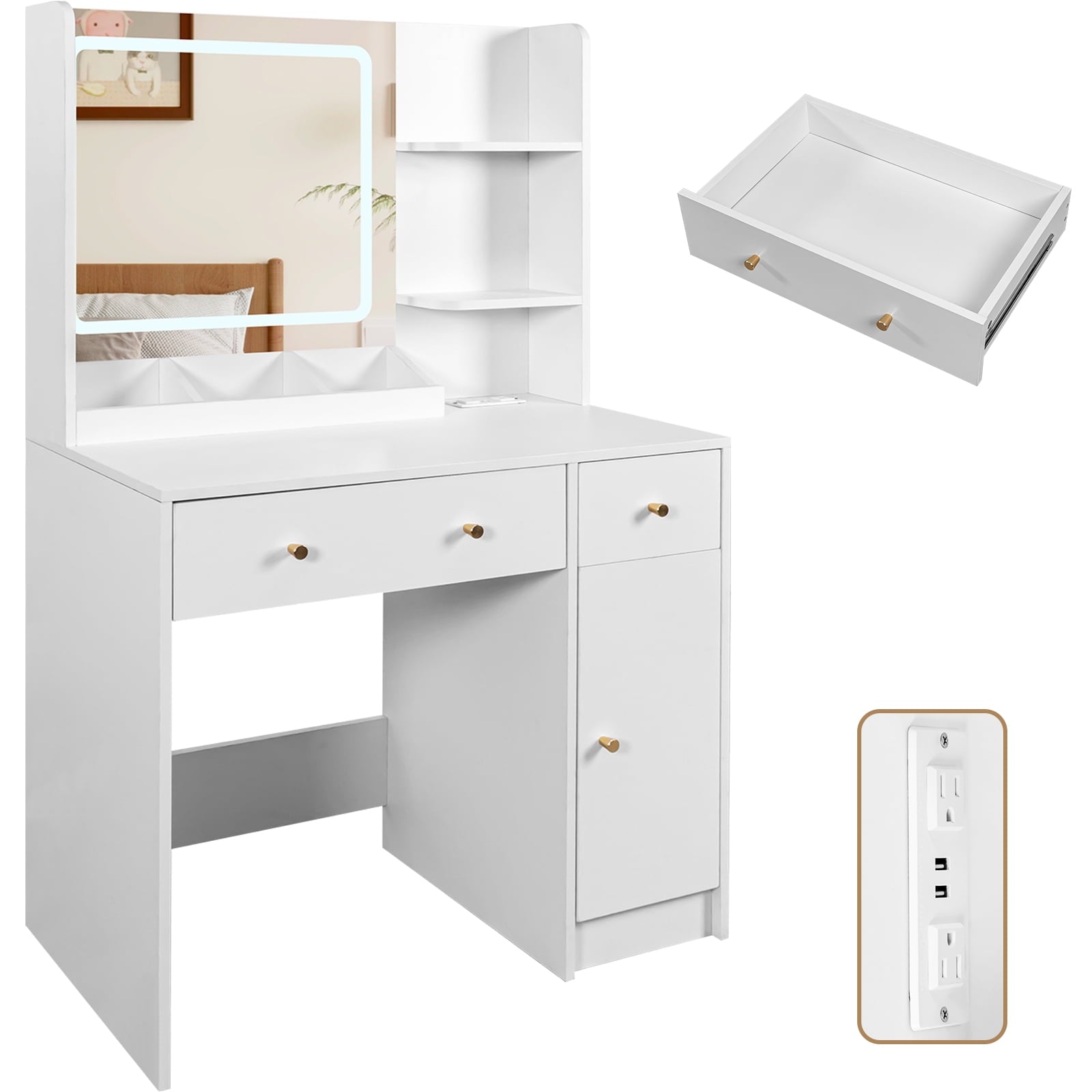 SUGIFT Large Modern Vanity Set with Three Level Storage Dresser White