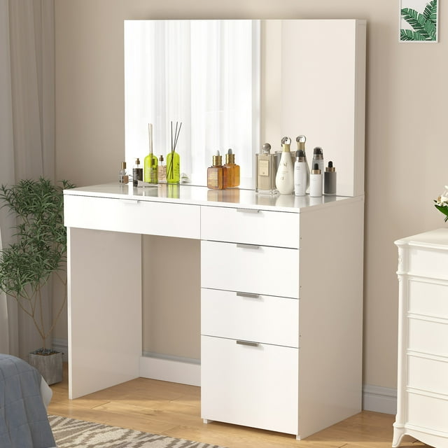 SUGIFT Modern Vanity Table Vanity Desk with 5 Drawers, White