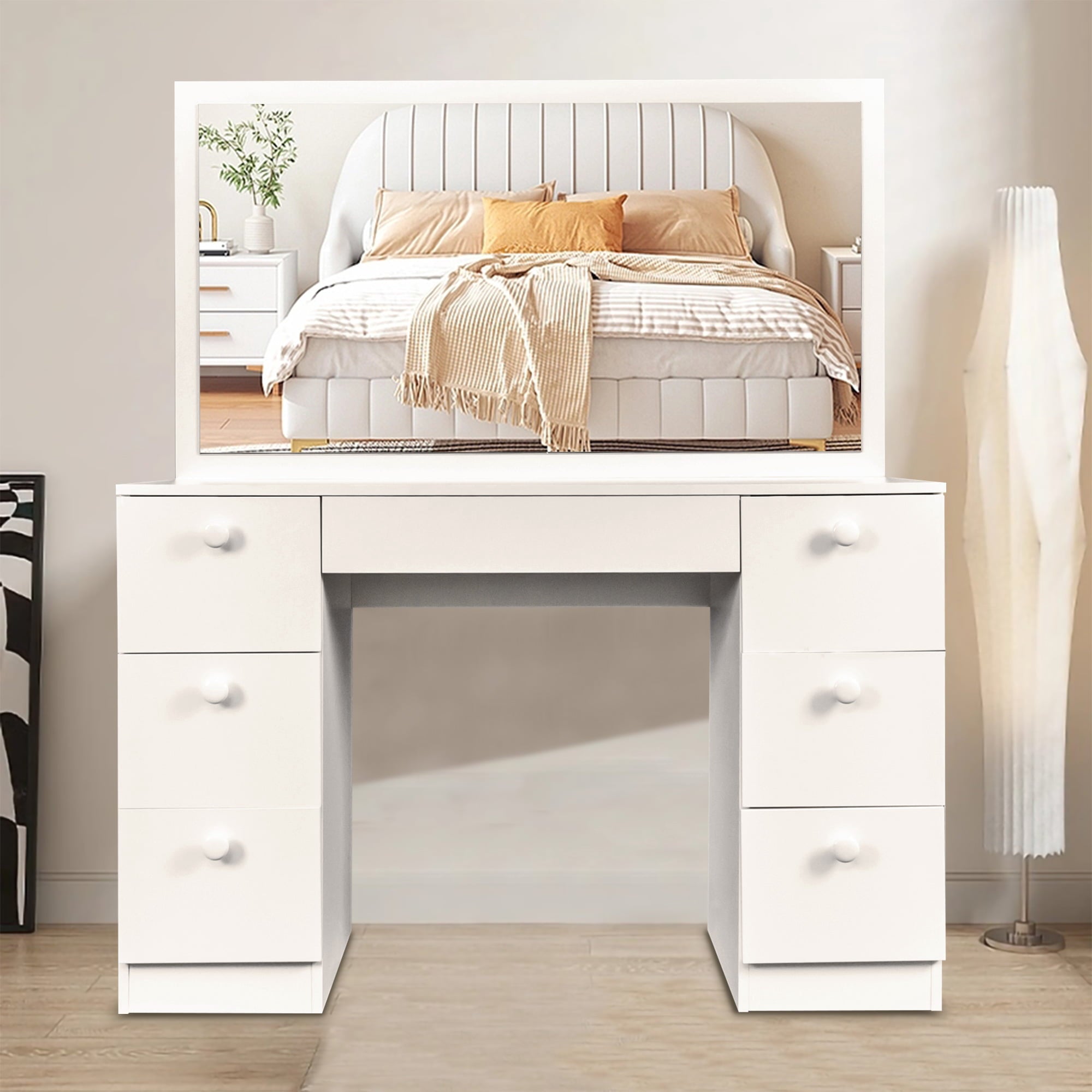 SUGIFT Modern Vanity Table with Mirror, White Finish, for Bedroom