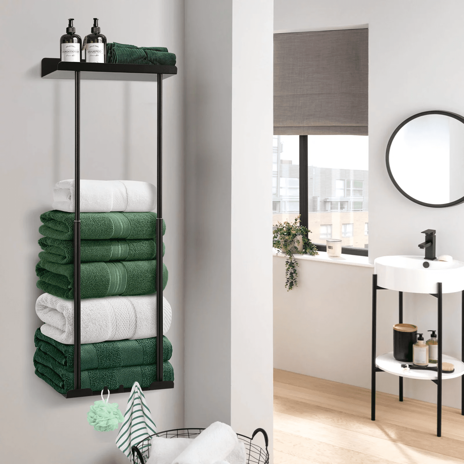 SUGIFT New Upgrade Towel Holder, Retractable Towel Rack with Metal Shelf, Wall Mounted Bathroom Organizers and Storage, Bathroom Accessories for Folded Washcloths Black