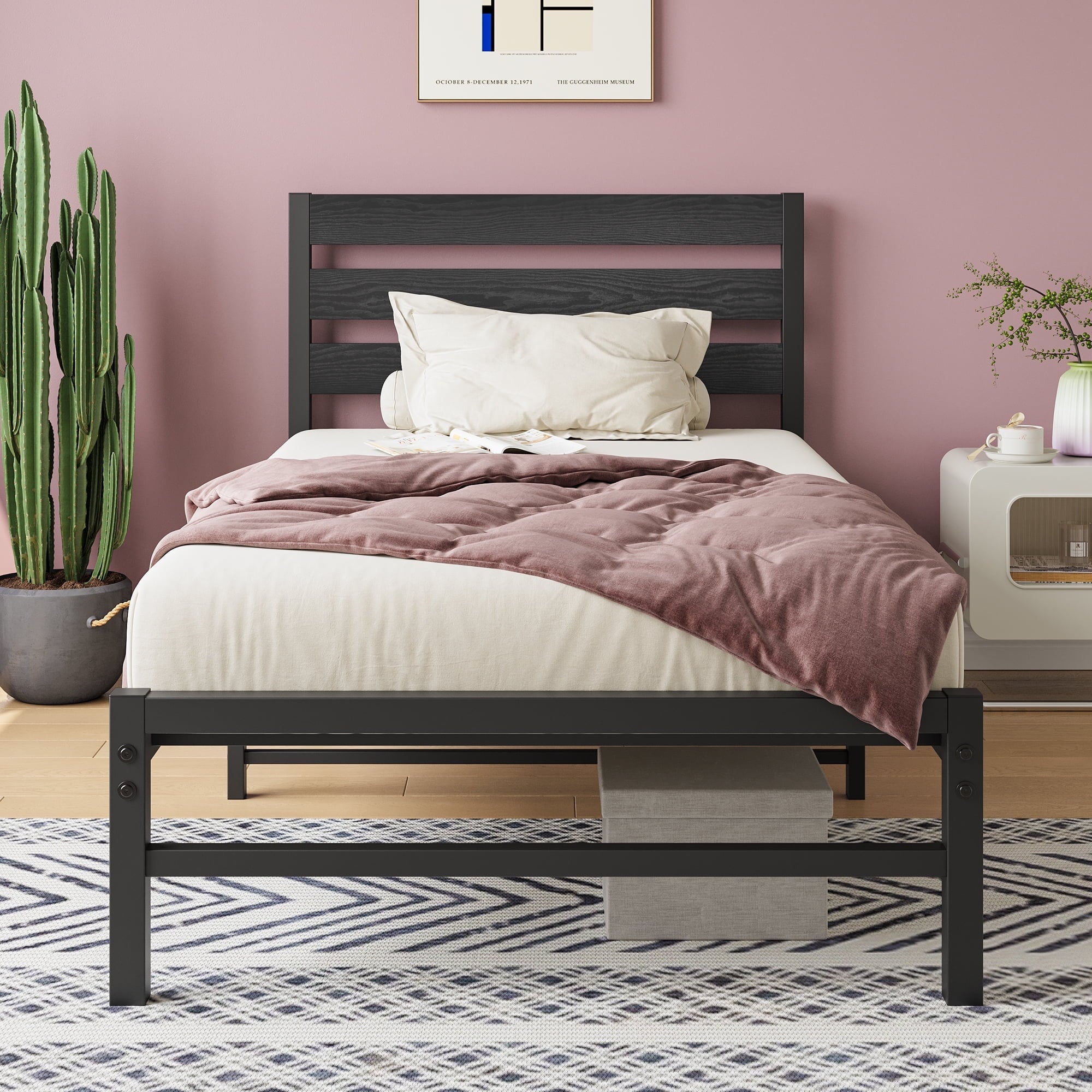 SUGIFT Platform Bed Frame with Rustic Vintage Wood Headboard