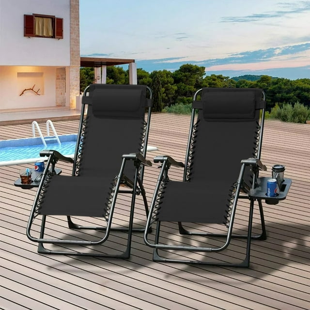 SUGIFT Set of 2 Adjustable Steel Mesh Zero Gravity Lounge Chair Recliners With Pillows, Black