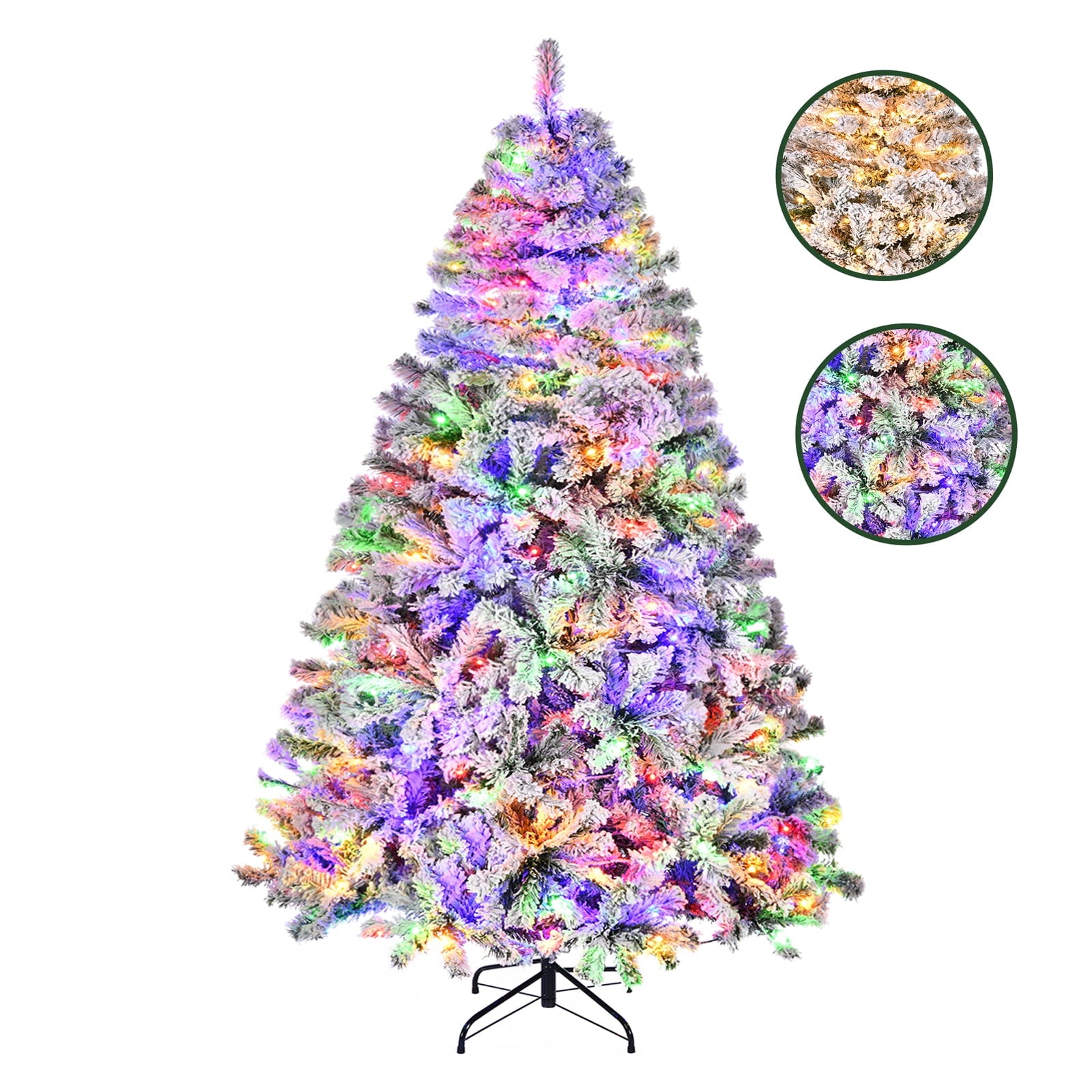 TBKLEY 7.5ft Prelit Snow Flocked Artificial Holiday Christmas Tree, 600 Warm White & Multi-Color Lights for Home, Office, Party Decoration, White