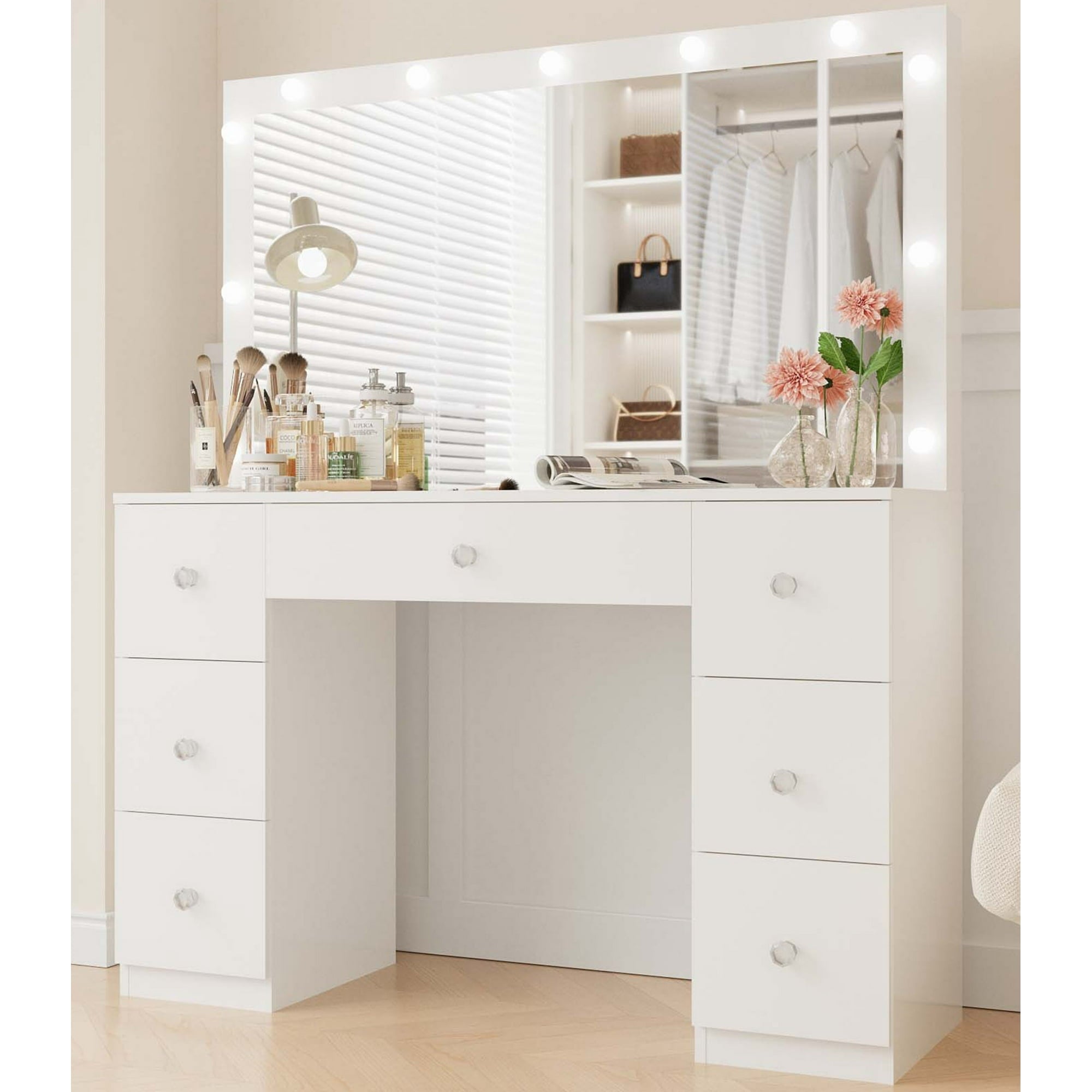 SUGIFT Vanity Desk with Mirror 7 Drawer Makeup Vanity Table with LED Lights, White