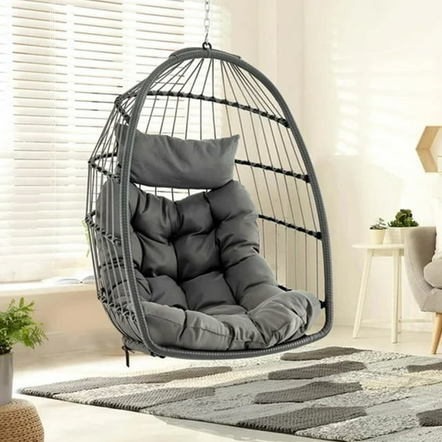 SUGIFT Hanging Egg Chair Wicker Swing Hammock Chair, Gray