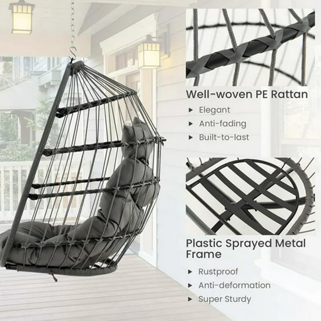 SUGIFT Hanging Egg Chair Wicker Swing Hammock Chair, Gray