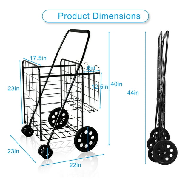 SUGIFT Folding Shopping Cart 100 lbs Utility Trolley Jumbo Basket with Swivel Wheels, Black