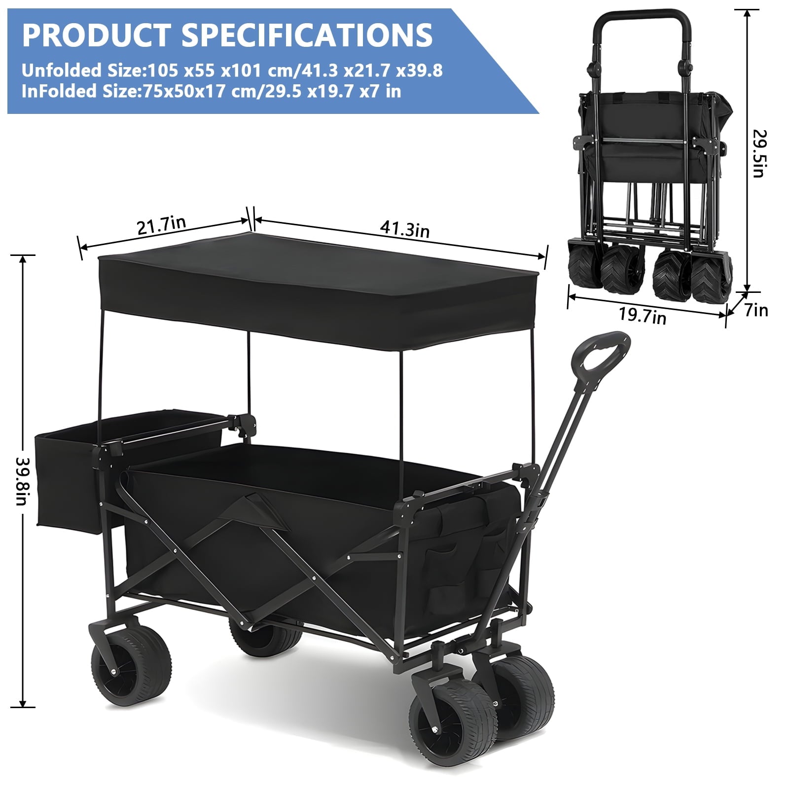 SUGIFT Collapsible Wagon Cart with Removable Canopy, Oxford Cloth Beach Cart with Wheels and Rear Storage, Garden Grocery Wagon for Camping, Black