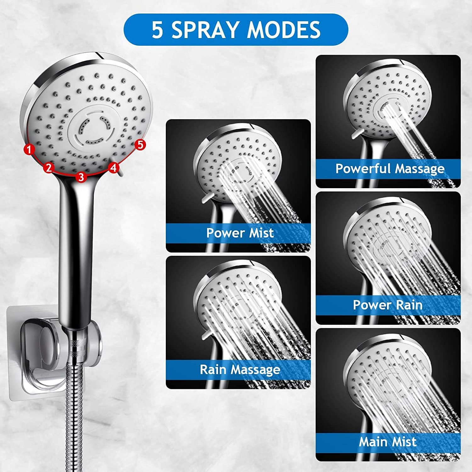 Harigal Dual Shower Head Combo 8 inch High Pressure Rain Shower Head withAdjustable Extension Arm 5 Settings Handheld Shower Head with Hose and Holde-Silver Chrome