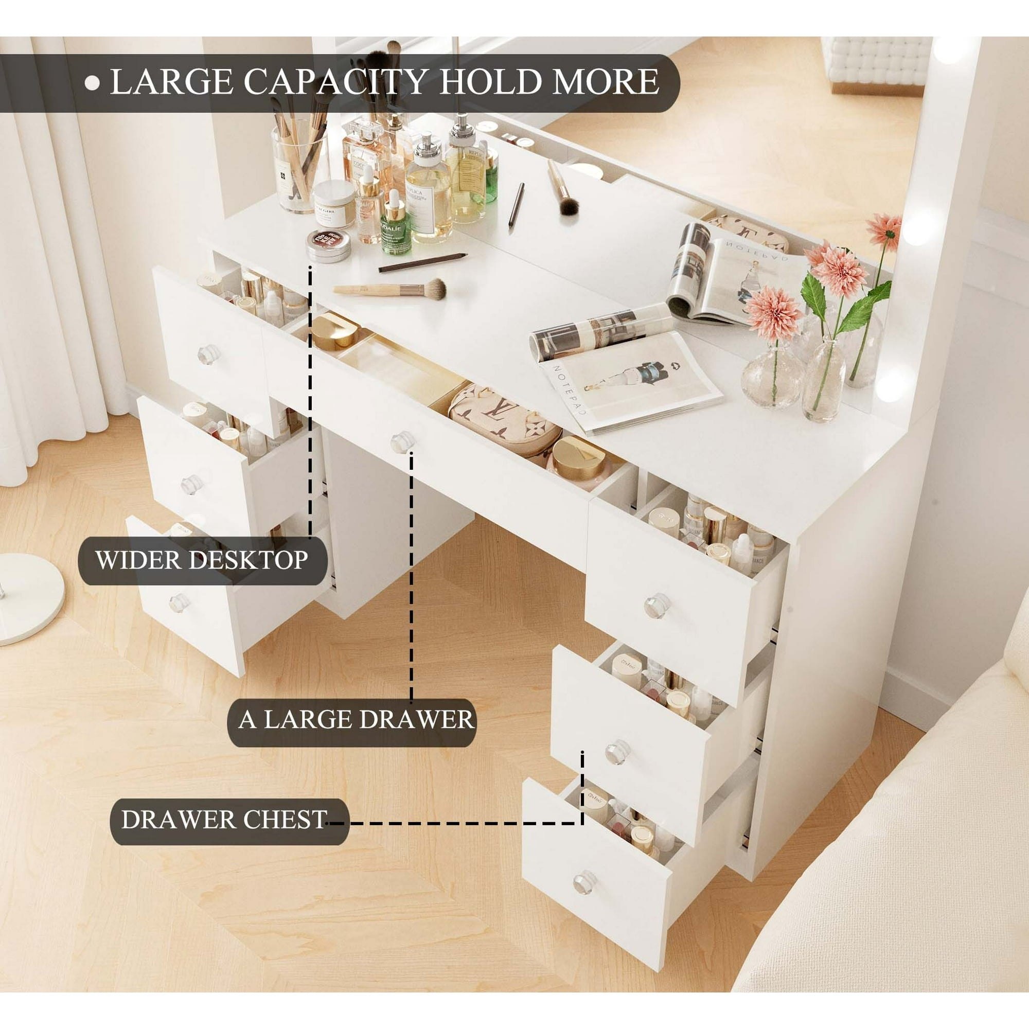 SUGIFT Vanity Desk with Mirror 7 Drawer Makeup Vanity Table with LED Lights, White