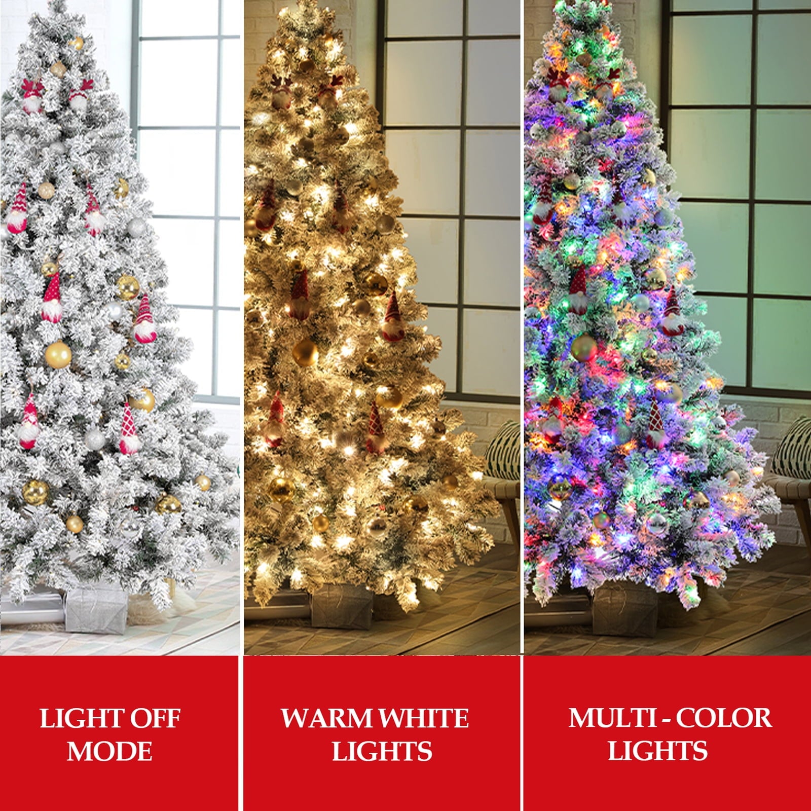 HONGGE 6ft Pre-Lit Artificial Christmas Tree w/ Flocked Branches, 250 Warm-White and Multicolored Lights, 9 Light Sequences