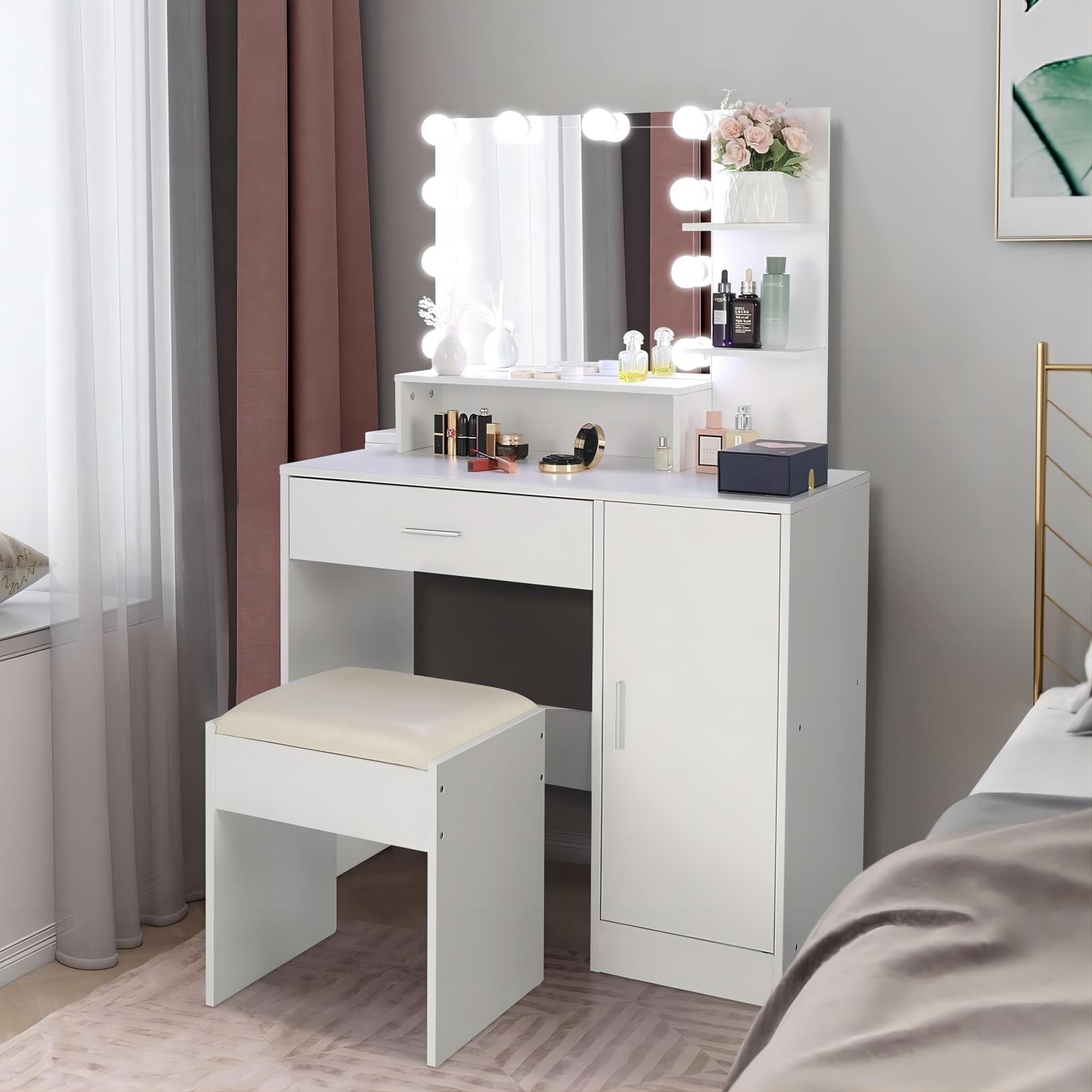 SUGIFT Makeup Vanity Desk with Mirror & Light, Large Drawer Three Level Storage Dresser, 3 Lighting Modes Adjustable Brightness, Bedroom Dressing Table (White)