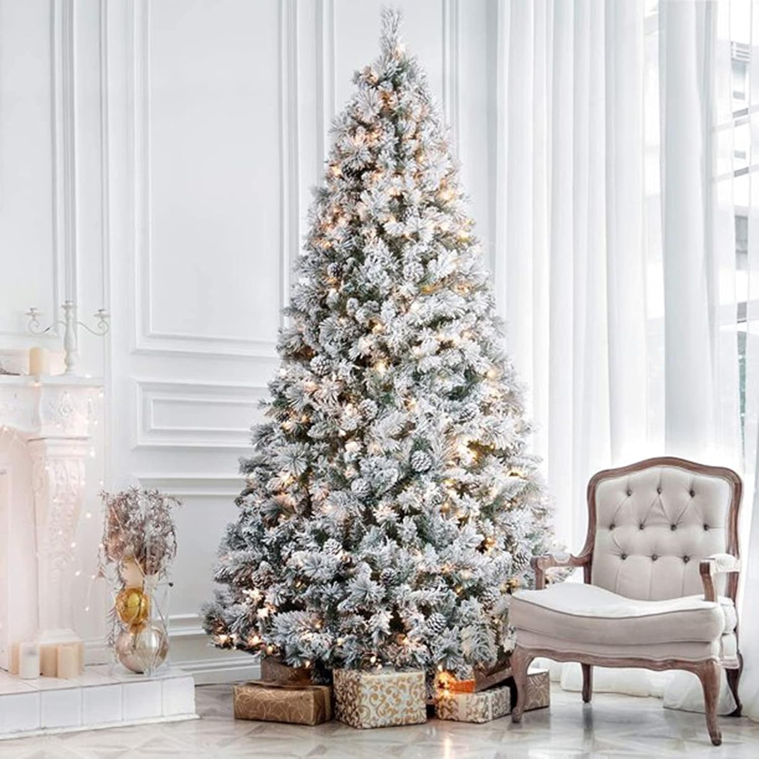 SUGIFT 6.5ft Premium Christmas Tree, Snow Flocked Pine 1000 Branches with 250 Warm White Lights