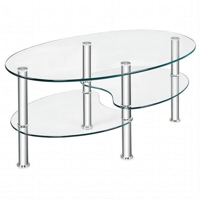 ALPULON Tempered Glass Coffee Table Oval 3-Tier Steel Tea Table for Home Living Room Office