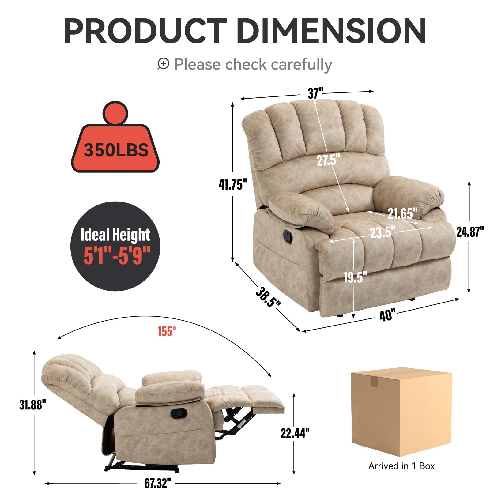 SUGIFT Large Manual Recliner Chair in Fabric for Living Room