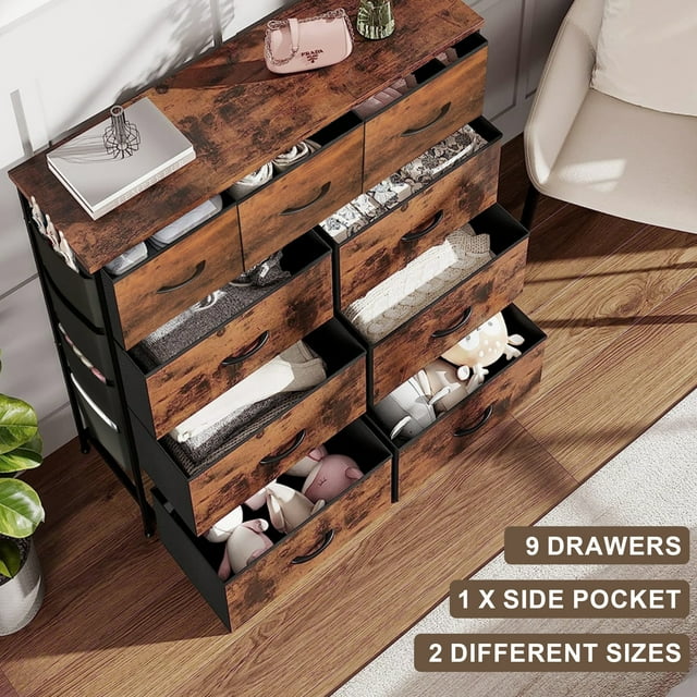 SUGIFT 9 Drawer Dresser, Chest of Drawers for Bedroom , Fabric Dresser with Side Pockets for Closet, Brown