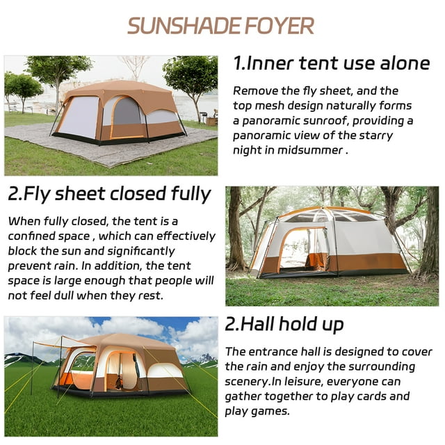 SUGIFT 6-Person Camping Tent Family Cabin Tent with Expandable Sunshade Foyer, Brown