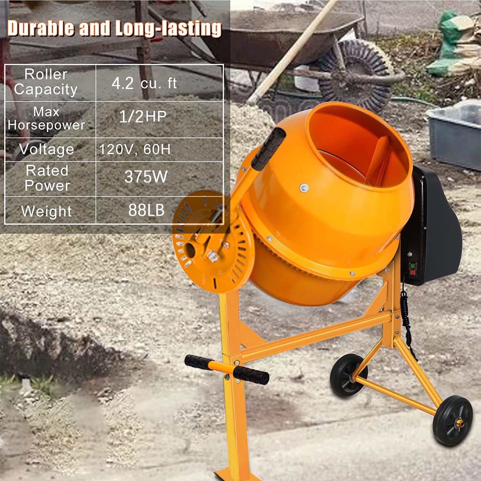 SUGIFT Portable 4.2 Cu ft Electric Concrete Cement Mixer