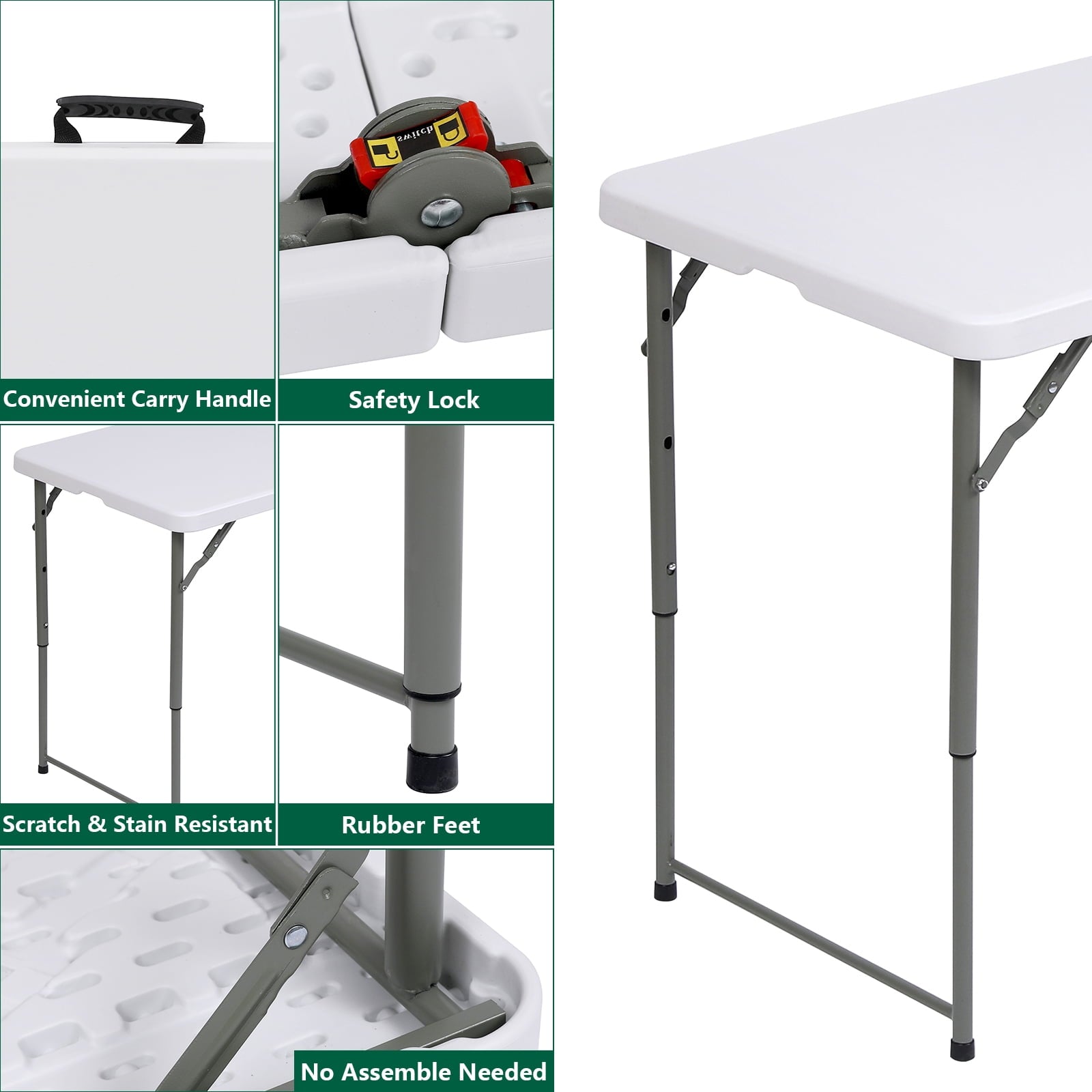 ALPULON Folding Table 4 Foot Height Adjustable Fold-in-Half Table with Carrying Handle, White