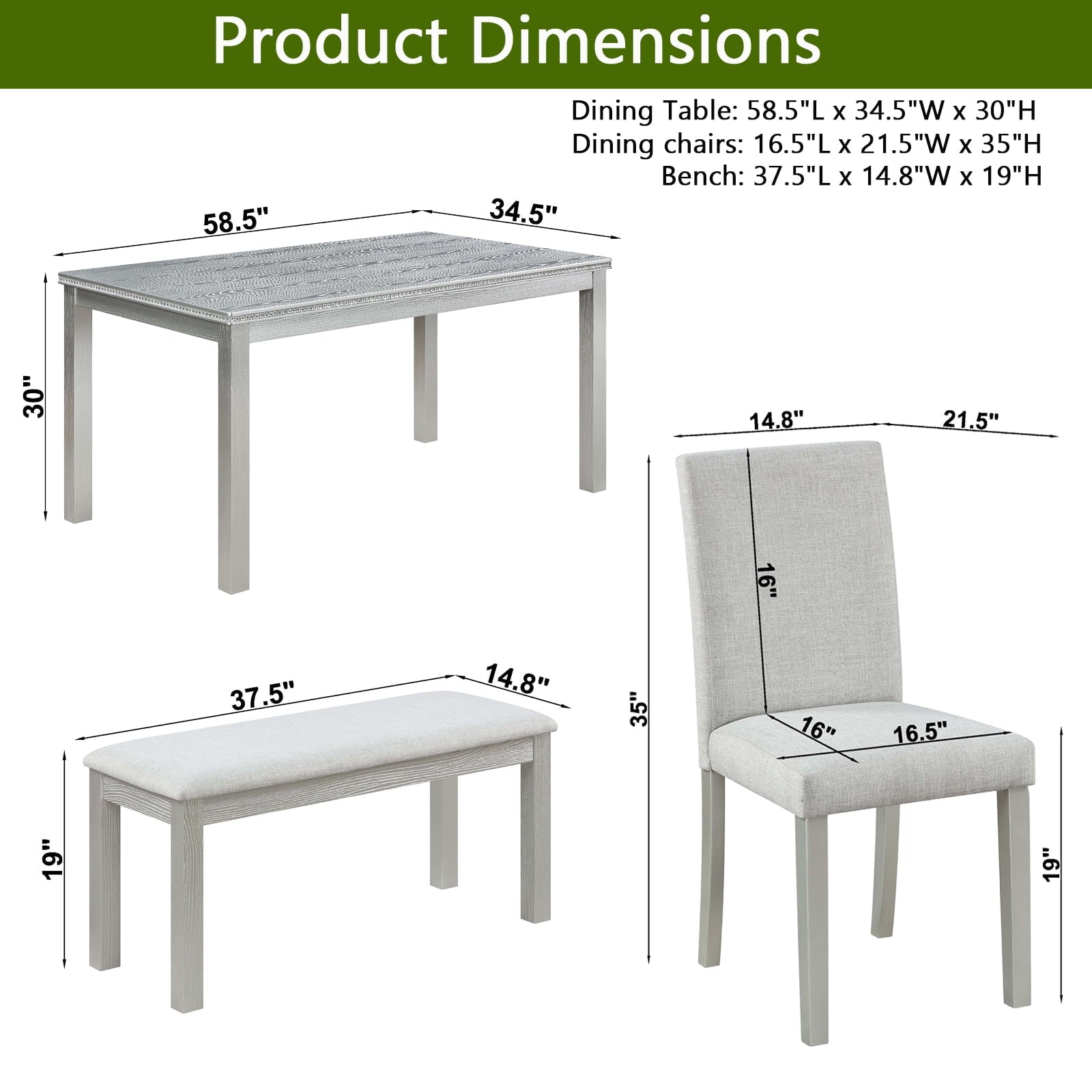 SUGIFT Wooden Dining Rectangular Table with Bench, Kitchen Table with Bench for Small Space