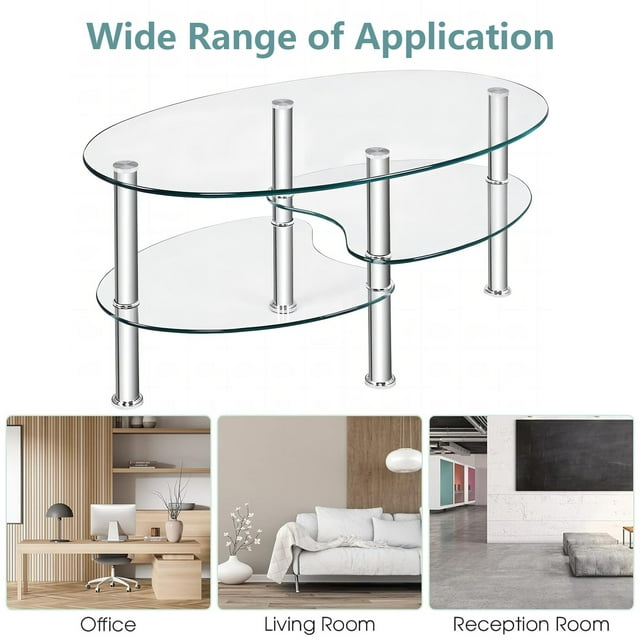 ALPULON Tempered Glass Coffee Table Oval 3-Tier Steel Tea Table for Home Living Room Office