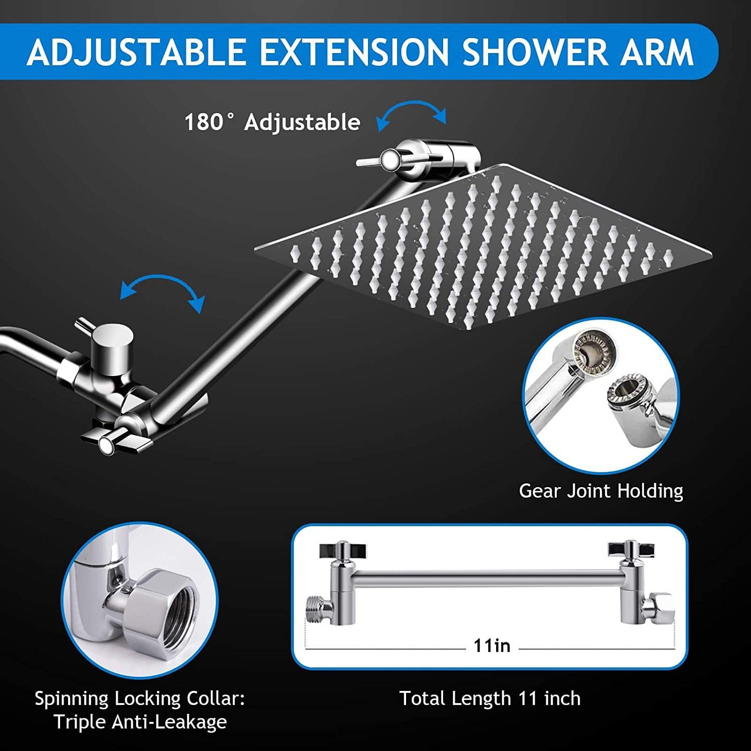 Harigal Dual Shower Head Combo 8 inch High Pressure Rain Shower Head withAdjustable Extension Arm 5 Settings Handheld Shower Head with Hose and Holde-Silver Chrome