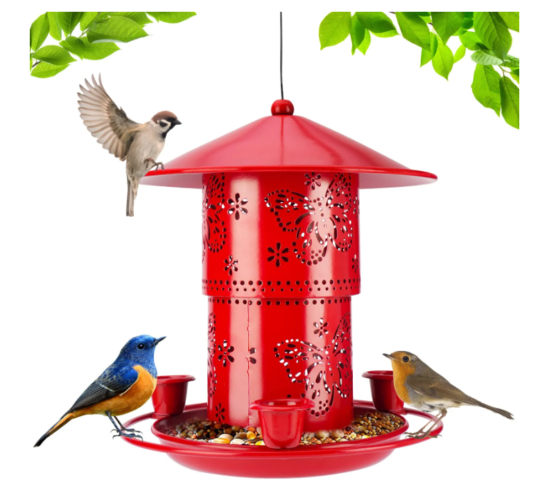 Harigal Outdoor Hummingbird Feeder, Adjustable Metal Birds Feeder with 3 Drinking Cups and S Hook, for Sparrow, Red