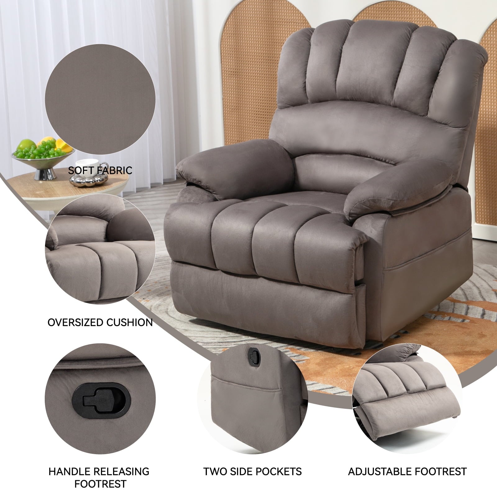 SUGIFT Large Manual Recliner Chair in Fabric for Living Room