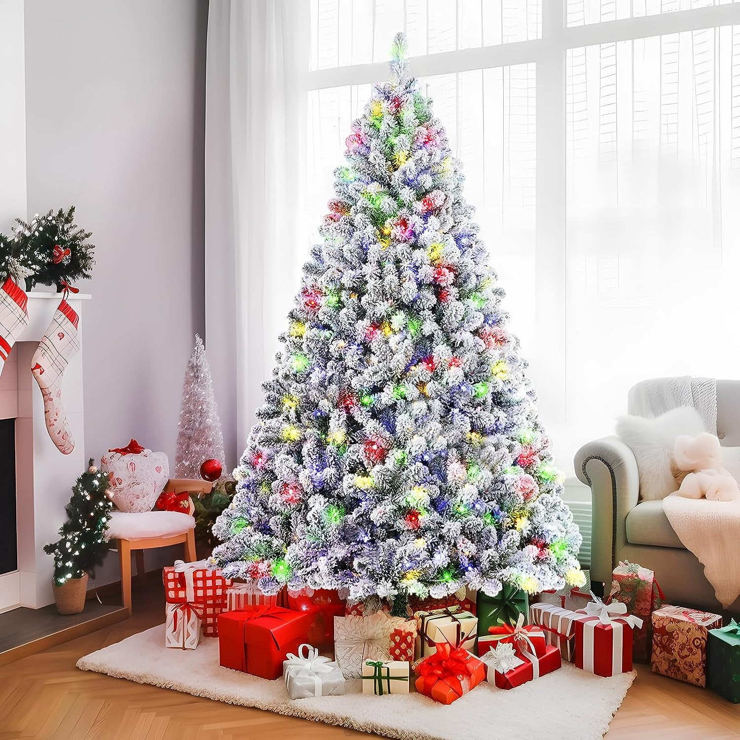 SUGIFT 6.5ft Premium Christmas Tree Snow Flocked Pine 1000 Branches with 250 Colorful Lights