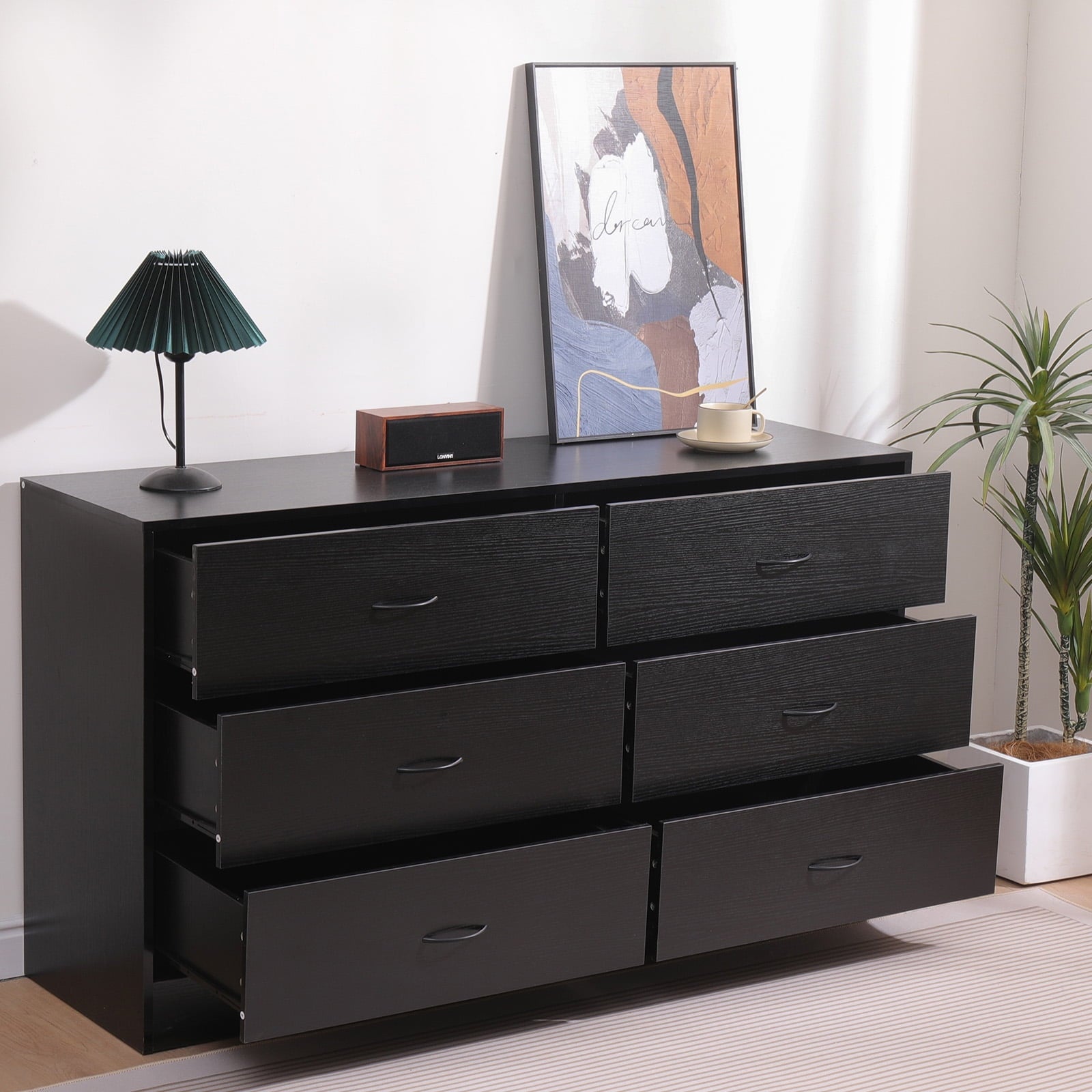 SUGIFT 6 Drawer Double Dresser Black Wood Dresser for Bedroom