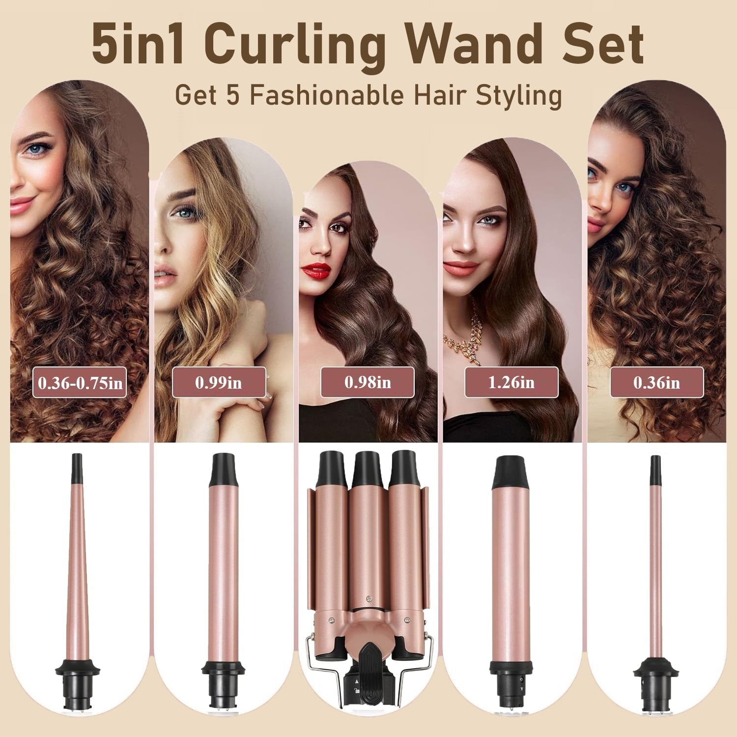 SUGIFT Curling Iron Set 5 in 1 Curling Wand Set Interchangeable Ceramic Barrels and Heat Resistant Glove Rose Gold