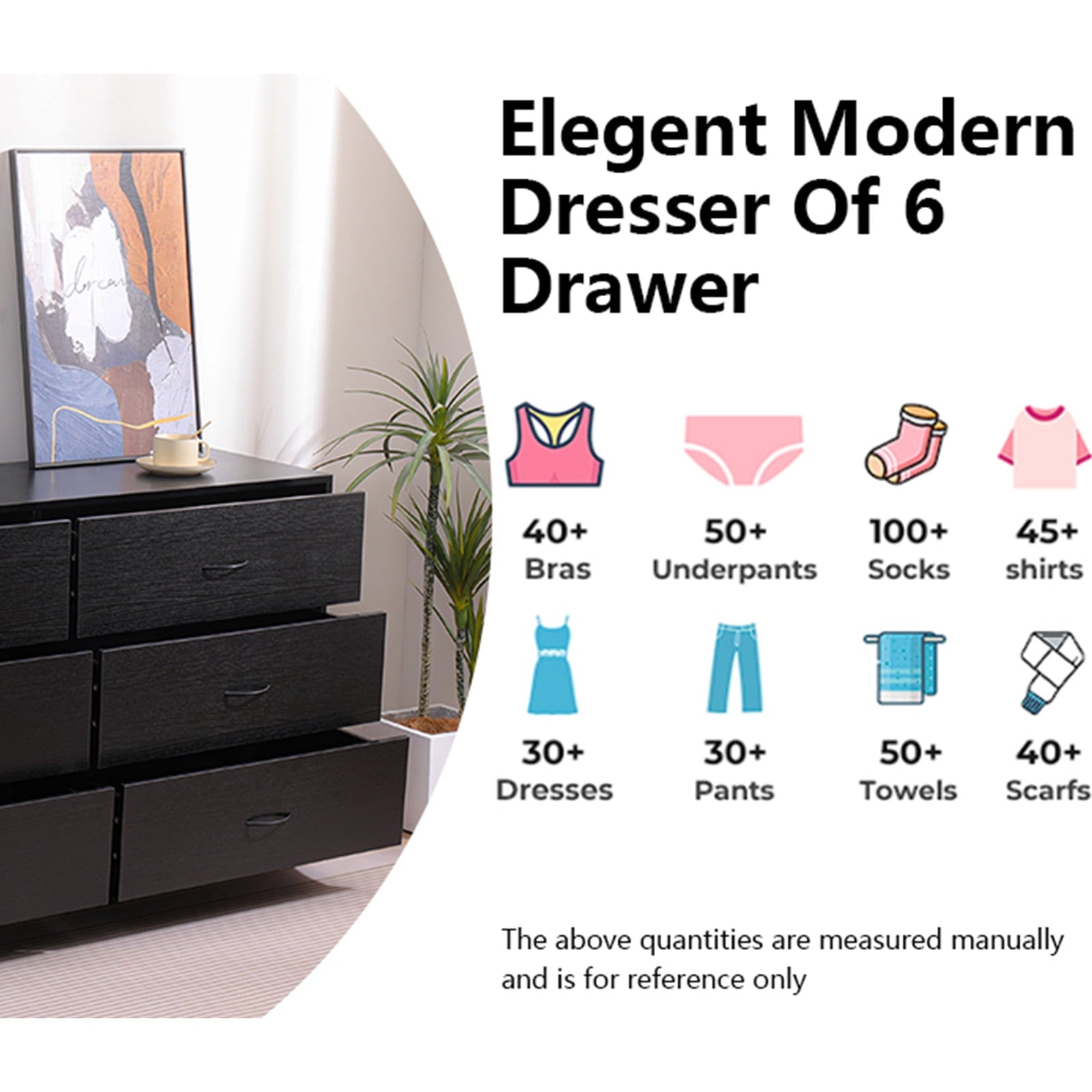 SUGIFT Modern 6 Drawer Dresser Chest of Drawers for Bedroom, Black