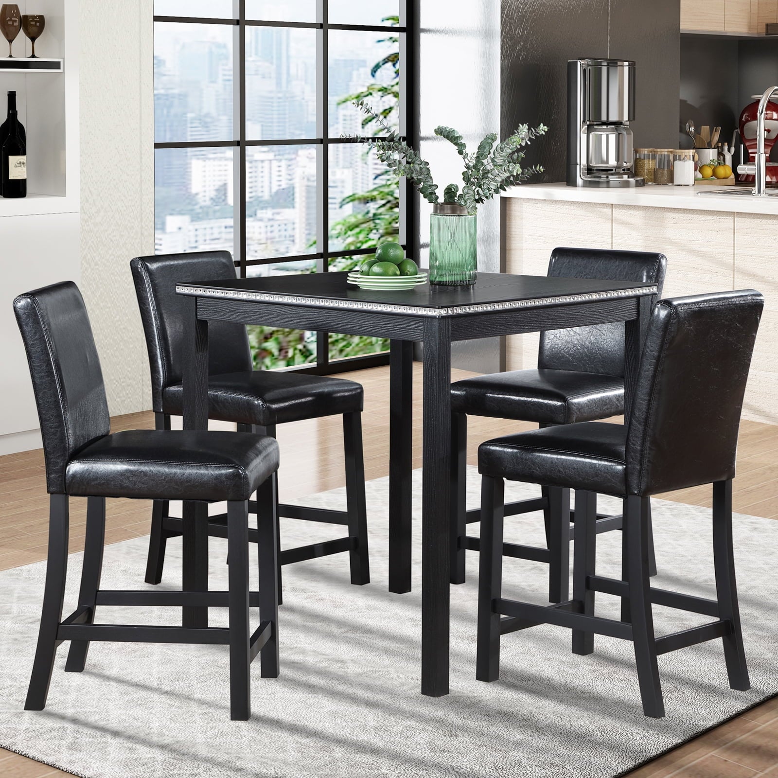 SUGIFT 5 Piece Counter Height Table Set, Wooden Kitchen Table Set with Square Table and 4 Upholstered Chairs