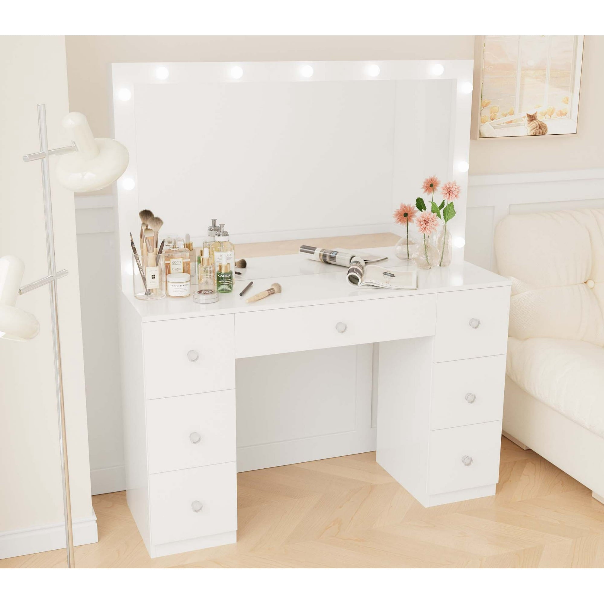 SUGIFT Vanity Desk with Mirror 7 Drawer Makeup Vanity Table with LED Lights, White