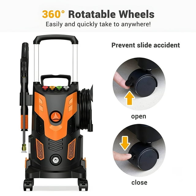 SUGIFT Electric Pressure Washer, 2800 PSI Max, 2.5 GPM Electric Power Washer with Wheels, 4 Quick Connect Nozzles, Foam Cannon, Great for Cars, Patios, Driveways