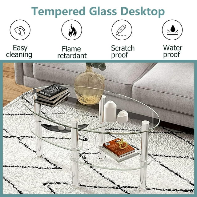 ALPULON Tempered Glass Coffee Table Oval 3-Tier Steel Tea Table for Home Living Room Office