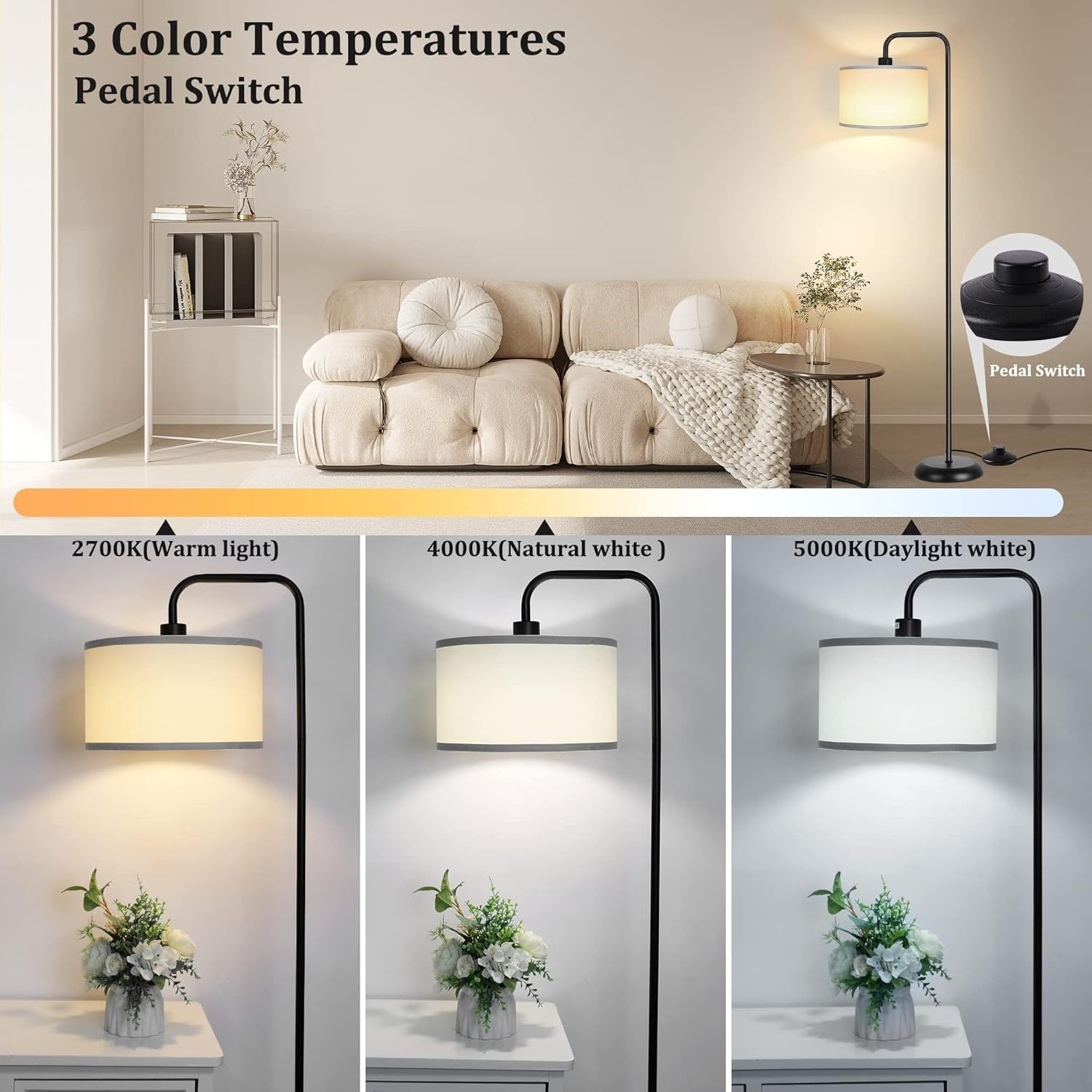 Harigal Floor Lamp for Living Room with 3 Color Temperatures Tall Standing Lamp with Linen Shade Footswitch (12W LED Bulb Included) Gloden