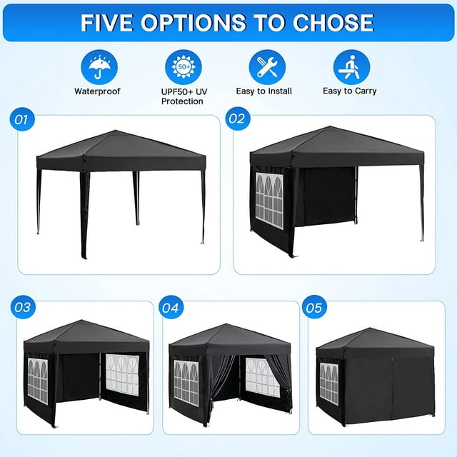 Canopy 10x10 Waterproof Pop up Canopy Tent with 4 Sidewalls, Instant Outdoor Event Shelter Tent for Parties Sun Shade Party Commercial Canopy, Carry Bag, Black