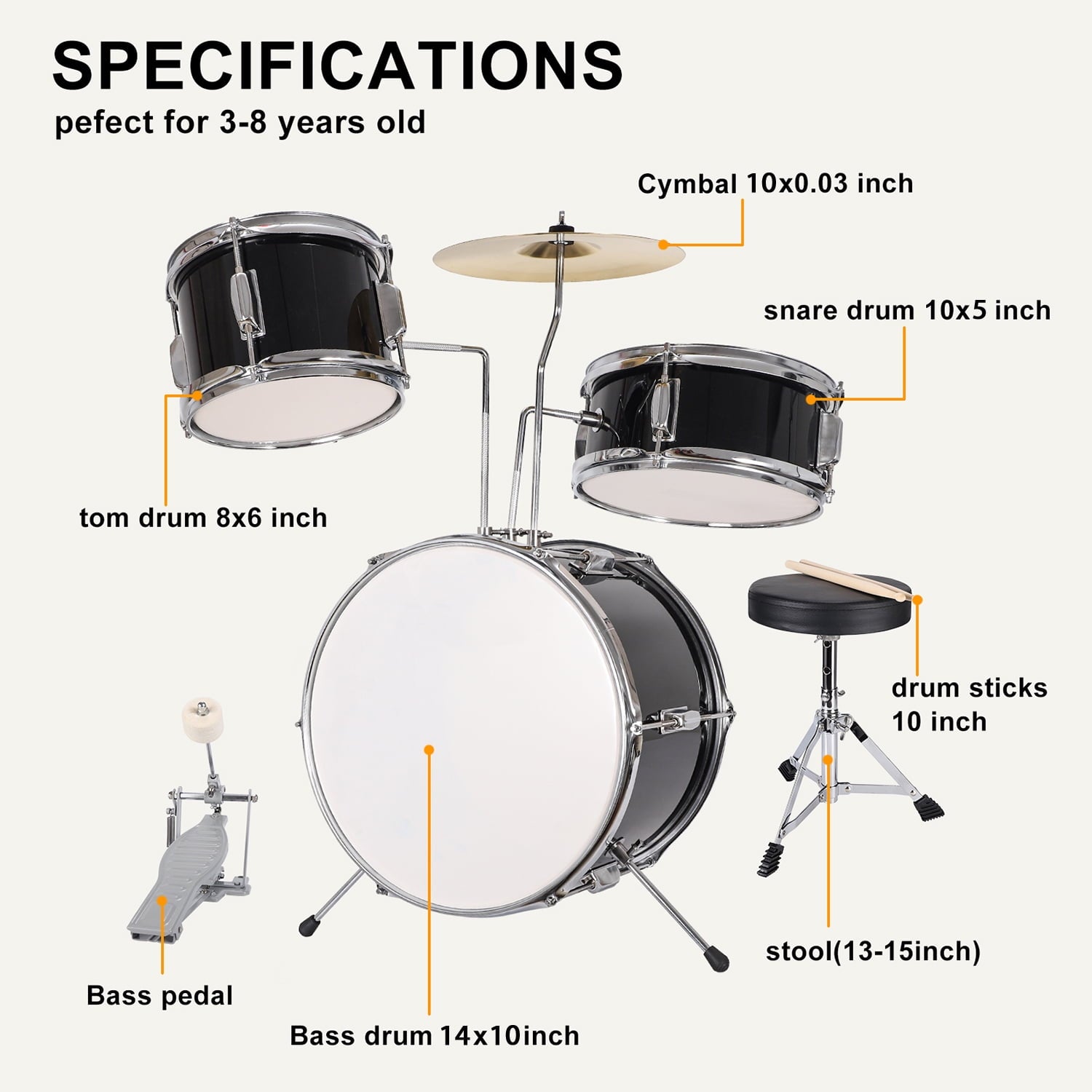 GIVIMO 3-Piece 14 inch Drum Set for Junior Beginners, Black