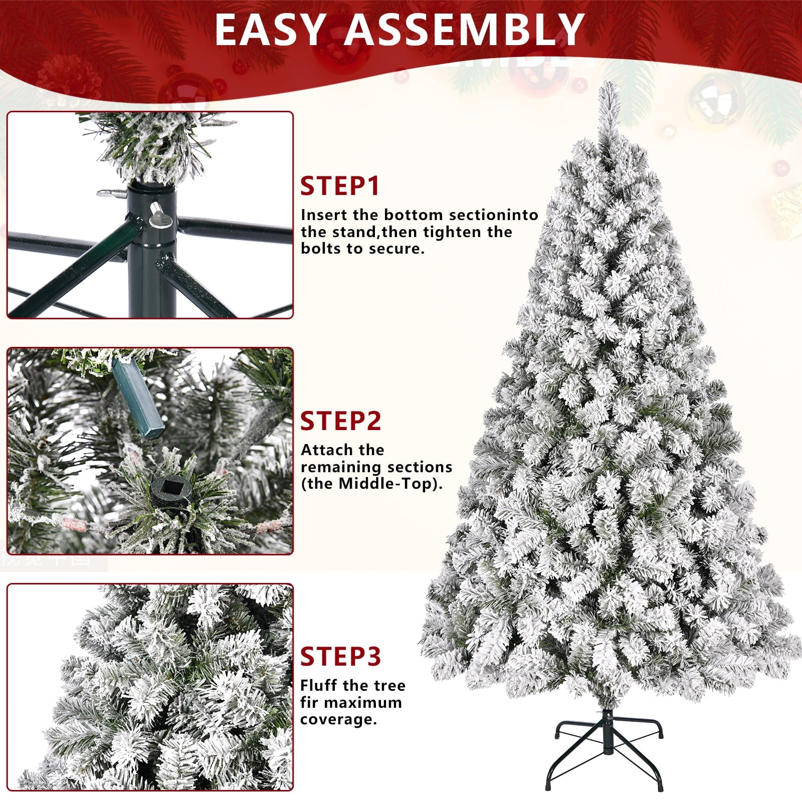 YouYeap Flocked Christmas Tree 6ft Artificial Holiday Christmas Tree with Sturdy Metal Stand