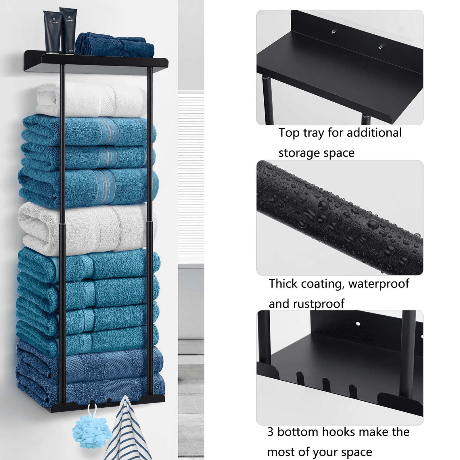 SUGIFT New Upgrade Towel Holder, Retractable Towel Rack with Metal Shelf, Wall Mounted Bathroom Organizers and Storage, Bathroom Accessories for Folded Washcloths Black