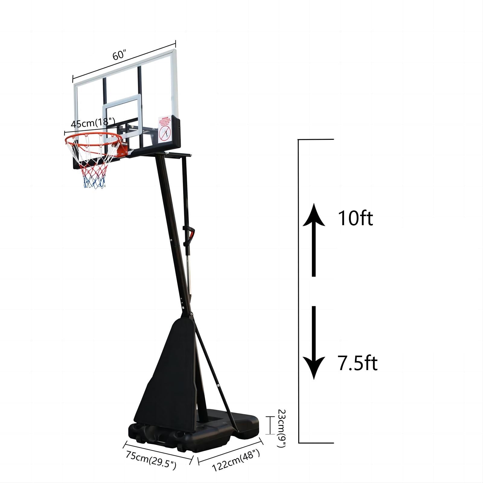 Sugift 7.5ft-10ftAdjustable Height 60in Shatterproof Outdoor Portable Basketball System (Adult)