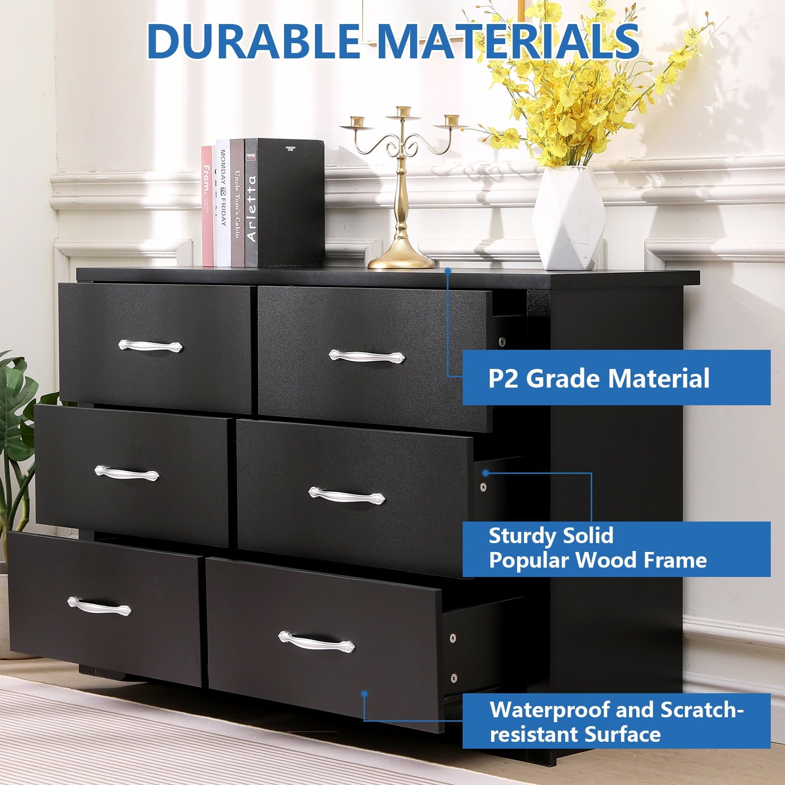 SUGIFT 6 Drawer Dressers Black Wood Dresser Chest of Drawers Double Dresser for Bedroom