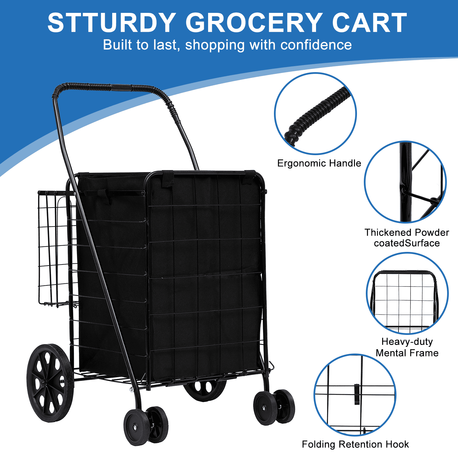 SUGIFT Folding Shopping Cart with Swivel Wheels Jumbo Basket for Grocery Laundry Travel, Black