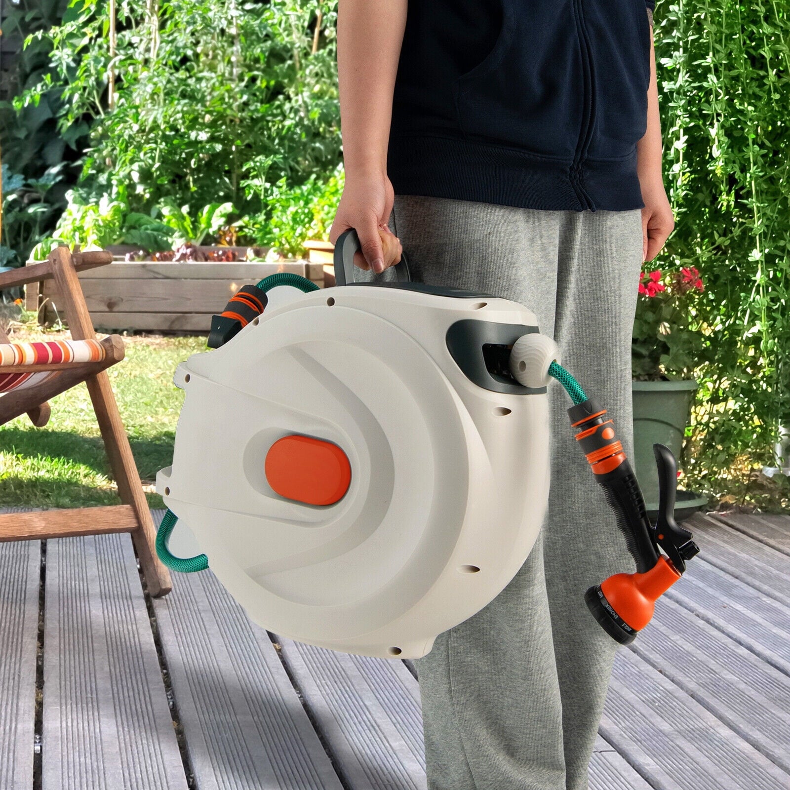 SUGIFT Retractable Hose Reel Wall Mounted 1/2 Inch 98 Feet Any Length Lock with Hose Nozzle for Garden White