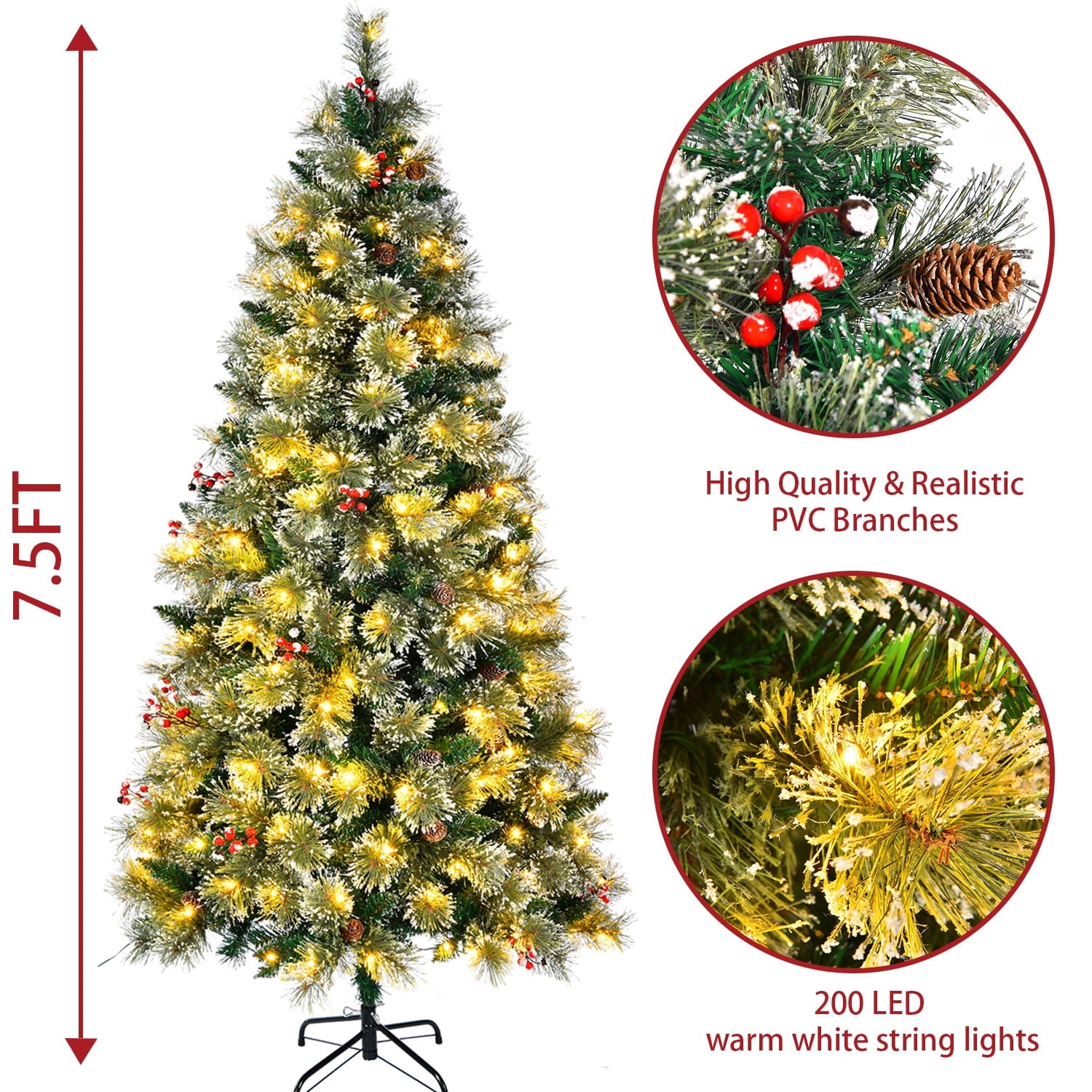 SUGIFT 6.5ft Premium Christmas Tree with Flocked Snow Pine Cone Red Trim and 200 Warm White Lights